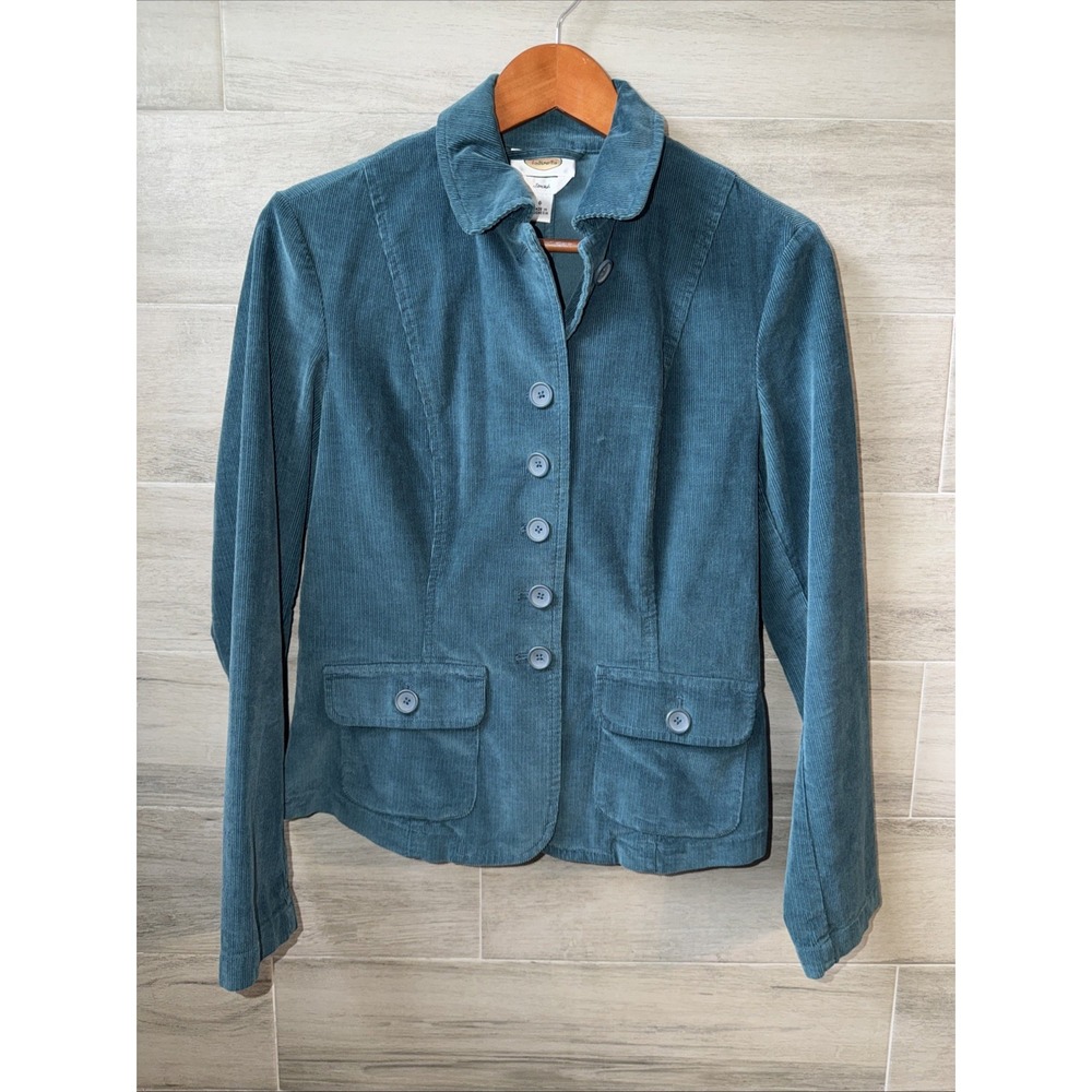 Talbots Corduroy Jacket Teal Blue Stretch Button Up Blazer Woman's Size 6
